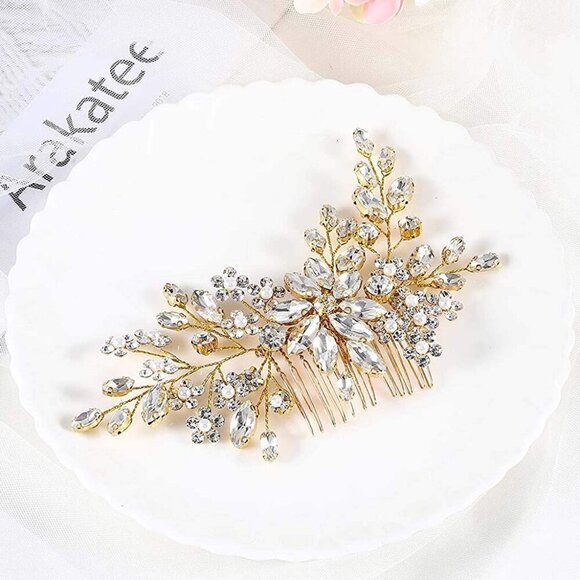 🆕Women Gold Flower Crystal Hair Comb Accessories with Pearl Side Comb Headpiece - Picture 1 of 7
